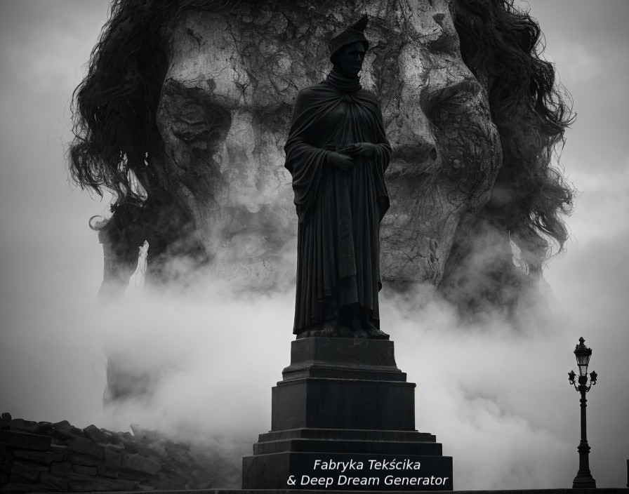 mroczny pomnik na ciemnym granitowym cokole, owiany dymem i lękiem